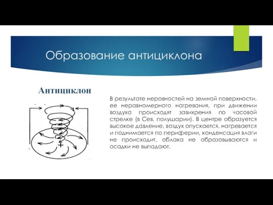 Образование антициклона В результате неровностей на земной поверхности, ее неравномерного нагревания,