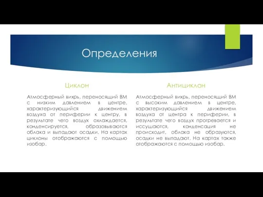 Определения Циклон Атмосферный вихрь, переносящий ВМ с низким давлением в центре,