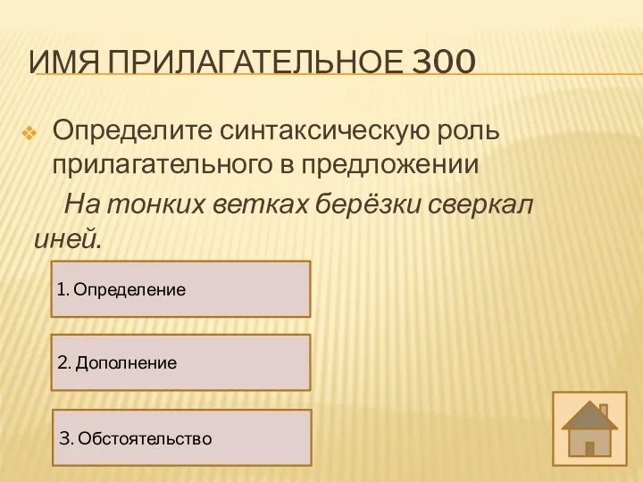 ИМЯ ПРИЛАГАТЕЛЬНОЕ 300 Определите синтаксическую роль прилагательного в предложении На тонких