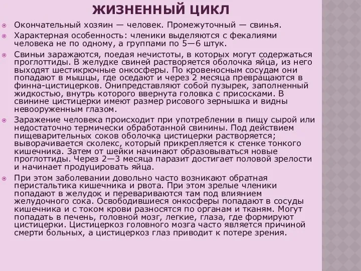 ЖИЗНЕННЫЙ ЦИКЛ Окончательный хозяин — человек. Промежуточный — свинья. Характерная особенность: