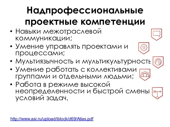 Надпрофессиональные проектные компетенции Навыки межотраслевой коммуникации; Умение управлять проектами и процессами;