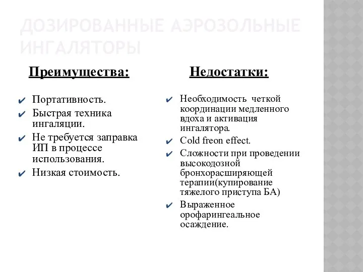 ДОЗИРОВАННЫЕ АЭРОЗОЛЬНЫЕ ИНГАЛЯТОРЫ Преимущества: Портативность. Быстрая техника ингаляции. Не требуется заправка