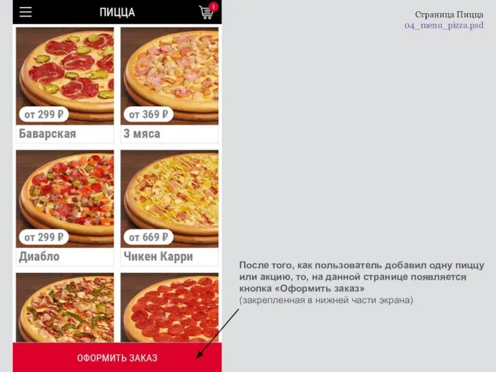 Cтраница Пицца 04_menu_pizza.psd После того, как пользователь добавил одну пиццу или