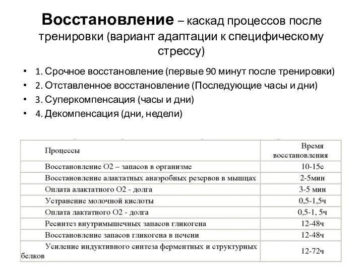 Восстановление – каскад процессов после тренировки (вариант адаптации к специфическому стрессу)