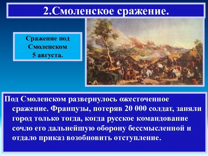 Под Смоленском развернулось ожесточенное сражение. Французы, потеряв 20 000 солдат, заняли