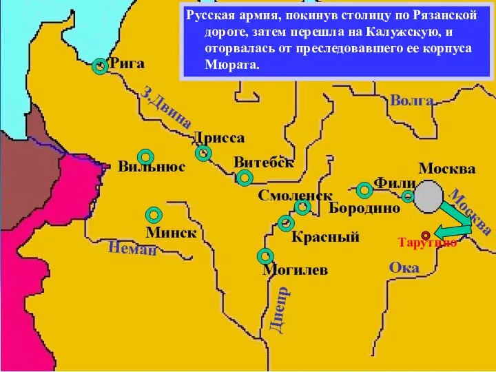 Русская армия, покинув столицу по Рязанской дороге, затем перешла на Калужскую,