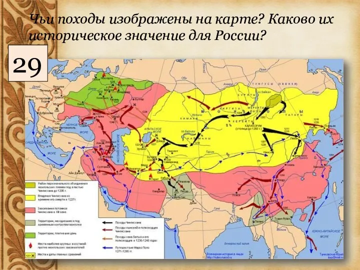 Чьи походы изображены на карте? Каково их историческое значение для России? 29