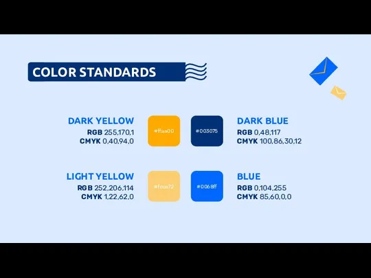 COLOR STANDARDS LIGHT YELLOW DARK YELLOW RGB 255,170,1 CMYK 0,40,94,0 RGB