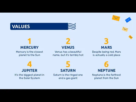 VALUES Mercury is the closest planet to the Sun MERCURY VENUS