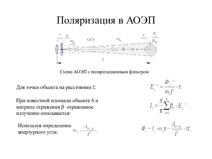 Поляризация в АОЭП Схема АОЭП с поляризационным фильтром Для точки объекта