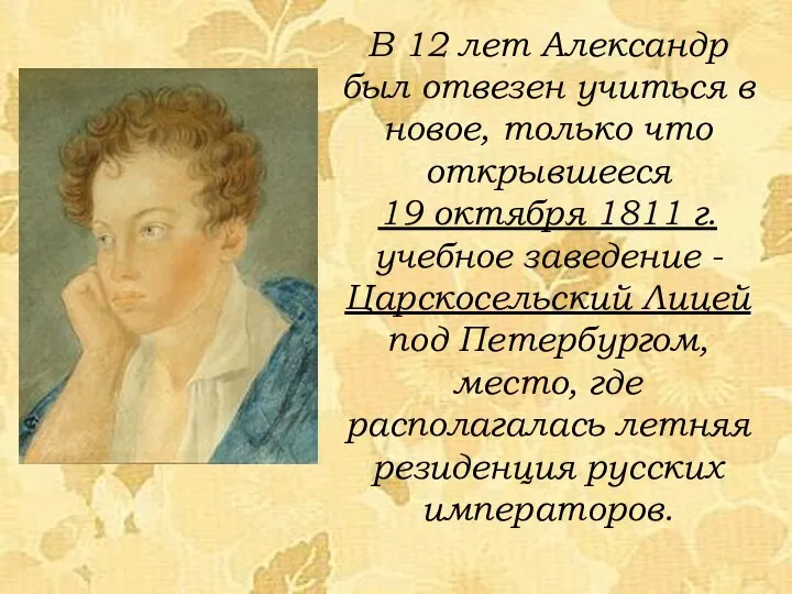 В 12 лет Александр был отвезен учиться в новое, только что