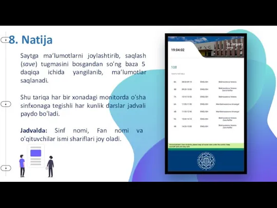 8. Natija Saytga ma’lumotlarni joylashtirib, saqlash (save) tugmasini bosgandan soʻng baza