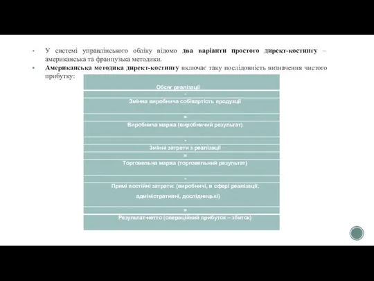 У системі управлінського обліку відомо два варіанти простого директ-костингу – американська