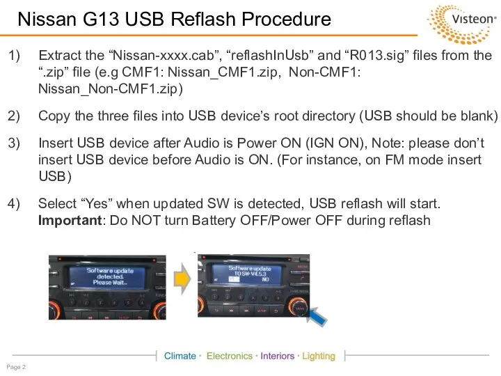 Nissan G13 USB Reflash Procedure Extract the “Nissan-xxxx.cab”, “reflashInUsb” and “R013.sig”