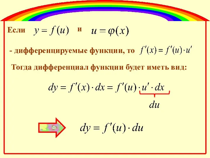 Если и - дифференцируемые функции, то Тогда дифференциал функции будет иметь вид: