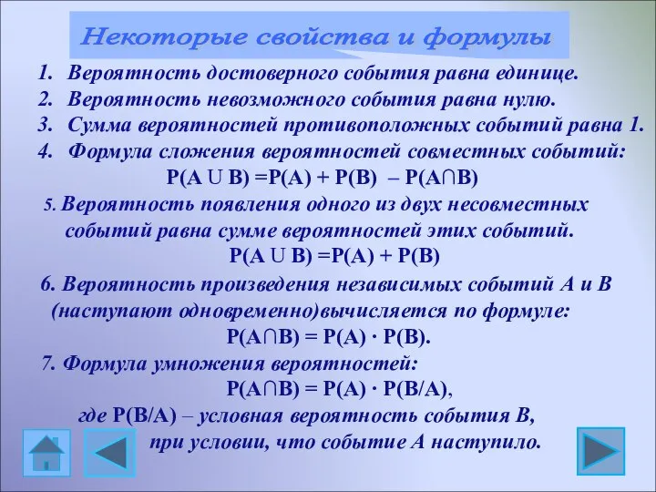 Некоторые свойства и формулы Вероятность достоверного события равна единице. Вероятность невозможного