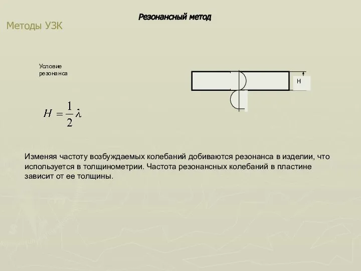 Методы УЗК Резонансный метод Условие резонанса Изменяя частоту возбуждаемых колебаний добиваются