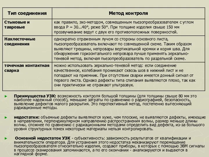 Преимущества УЗК: возможность контроля большой толщины (для толщины свыше 80 мм