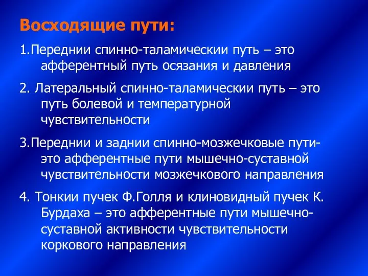 Восходящие пути: 1.Переднии спинно-таламическии путь – это афферентный путь осязания и