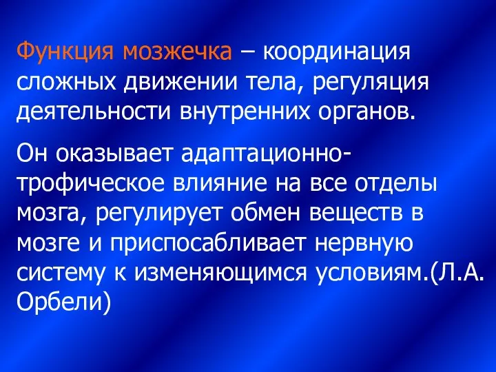 Функция мозжечка – координация сложных движении тела, регуляция деятельности внутренних органов.