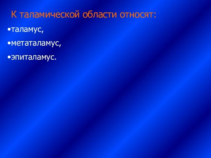 К таламической области относят: таламус, метаталамус, эпиталамус.