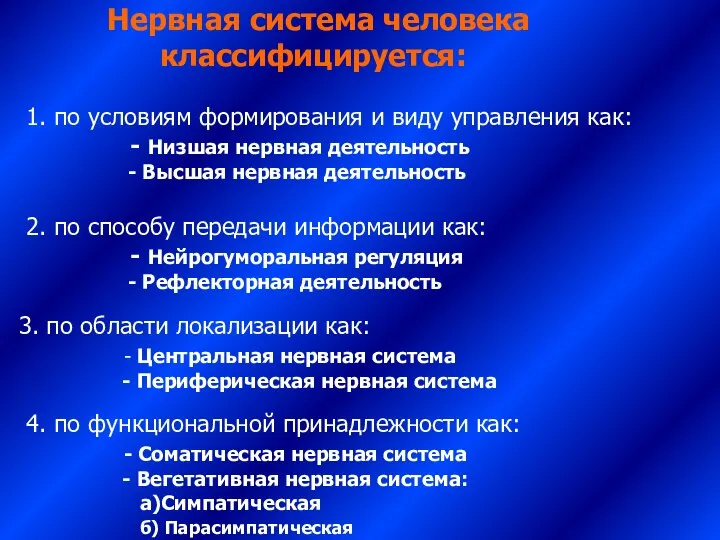 Нервная система человека классифицируется: 1. по условиям формирования и виду управления