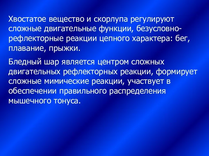 Хвостатое вещество и скорлупа регулируют сложные двигательные функции, безусловно-рефлекторные реакции цепного