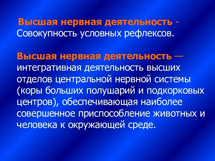 Высшая нервная деятельность - Совокупность условных рефлексов. Высшая нервная деятельность —