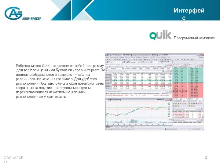 ООО «АЛОР +» Интерфейс Рабочее место QUIK представляет собой программу для