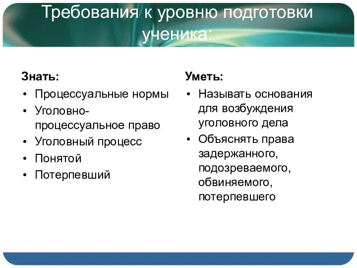 Требования к уровню подготовки ученика: Знать: Процессуальные нормы Уголовно-процессуальное право Уголовный