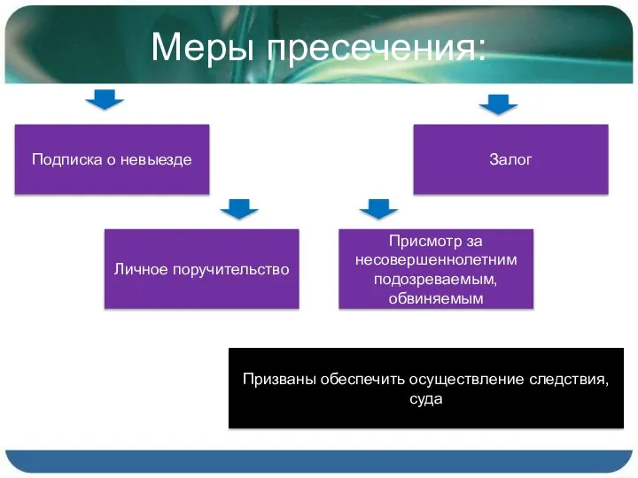 Меры пресечения: Подписка о невыезде Личное поручительство Присмотр за несовершеннолетним подозреваемым,