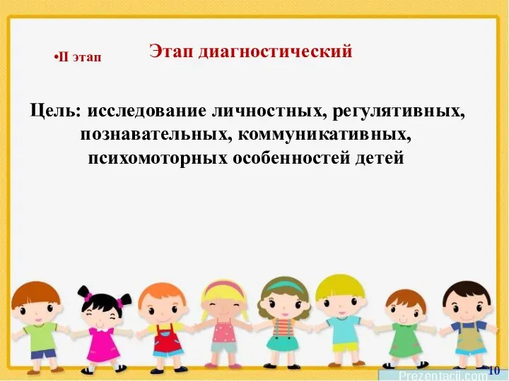 Цель: исследование личностных, регулятивных, познавательных, коммуникативных, психомоторных особенностей детей Этап диагностический II этап 10