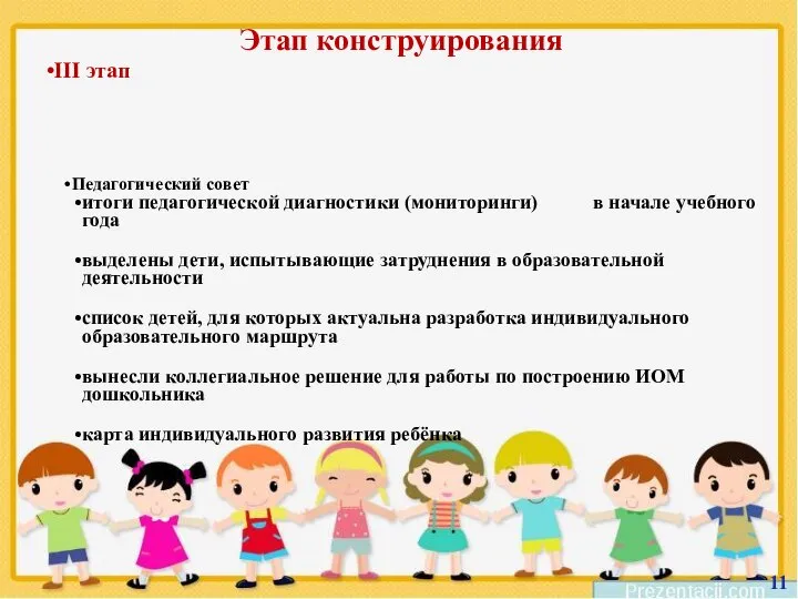 11 Этап конструирования Педагогический совет итоги педагогической диагностики (мониторинги) в начале