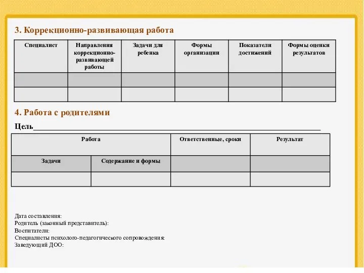 3. Коррекционно-развивающая работа 4. Работа с родителями Цель_______________________________________________________________________ Дата составления: Родитель