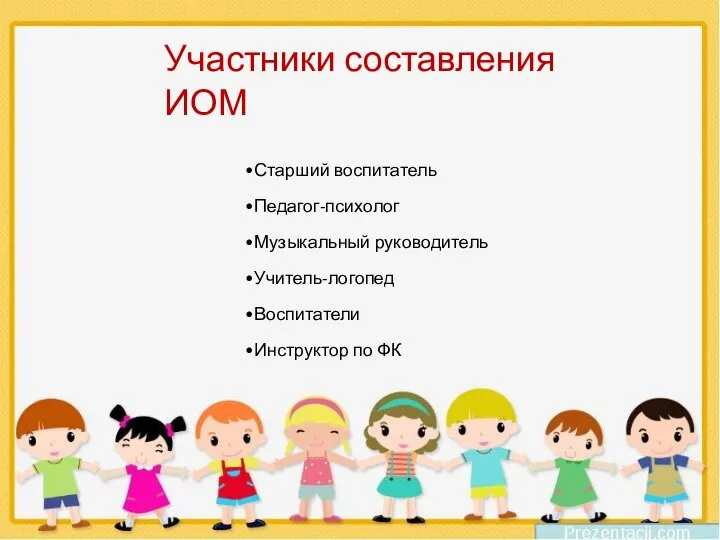 Участники составления ИОМ Старший воспитатель Педагог-психолог Музыкальный руководитель Учитель-логопед Воспитатели Инструктор по ФК