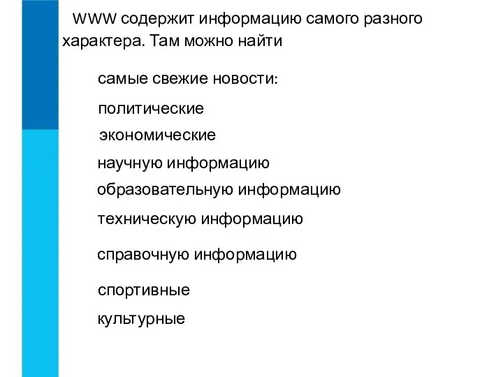 WWW содержит информацию самого разного характера. Там можно найти самые свежие