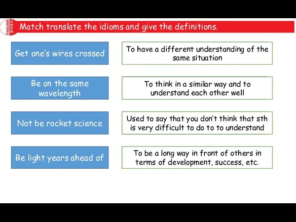 Match translate the idioms and give the definitions. Be on the