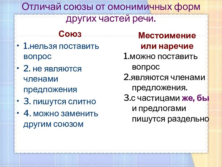 Отличай союзы от омонимичных форм других частей речи. Союз 1.нельзя поставить