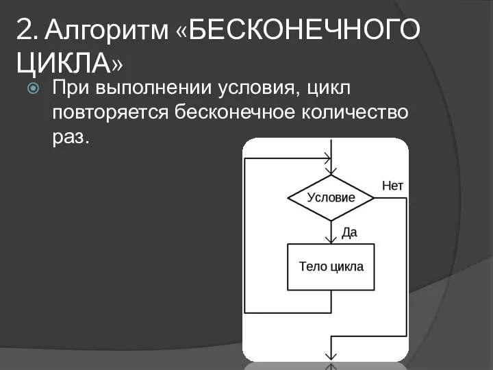 2. Алгоритм «БЕСКОНЕЧНОГО ЦИКЛА» При выполнении условия, цикл повторяется бесконечное количество раз.