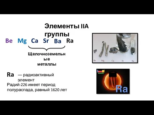 Элементы IIA группы Be Mg Ca Sr Ba Ra Щелочноземельные металлы