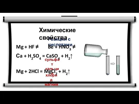 Реакции с кислотами Химические свойства сульфат кальция хлорид магния Mg +