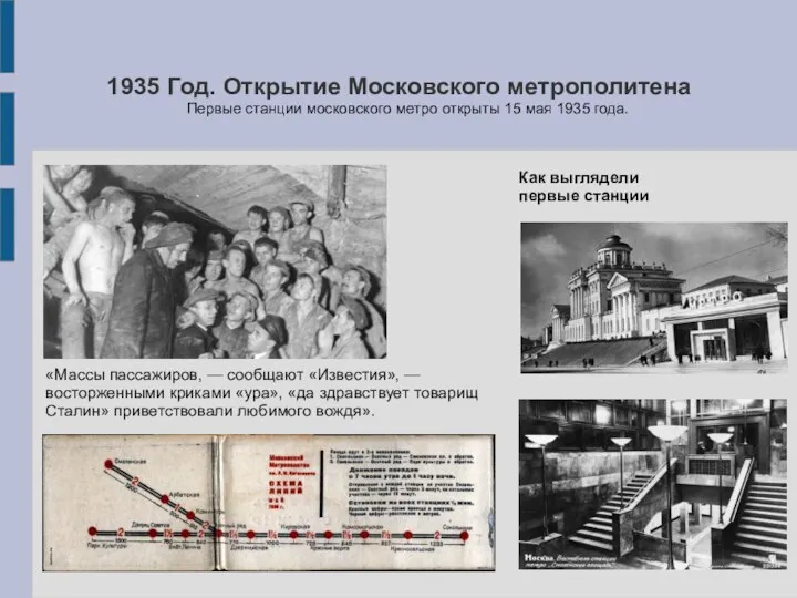 1935 Год. Открытие Московского метрополитена Первые станции московского метро открыты 15