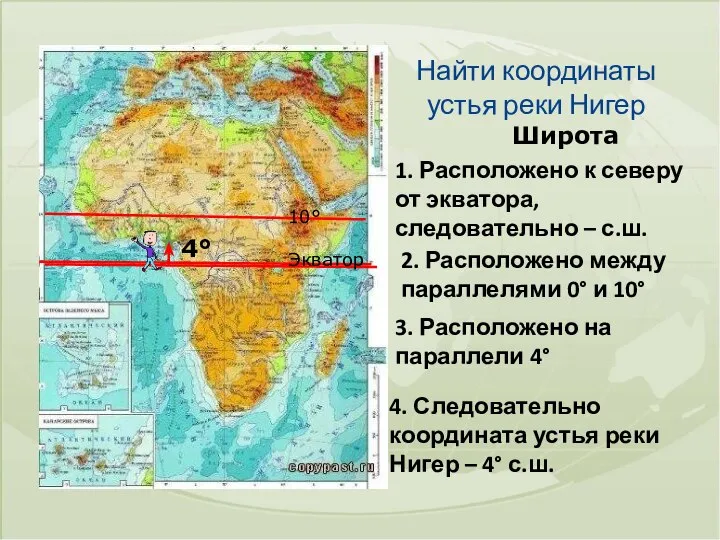 Найти координаты устья реки Нигер Широта 1. Расположено к северу от