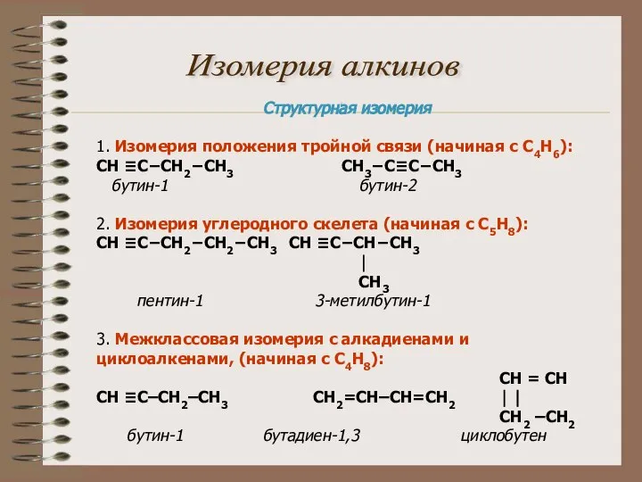 Изомерия алкинов Структурная изомерия 1. Изомерия положения тройной связи (начиная с