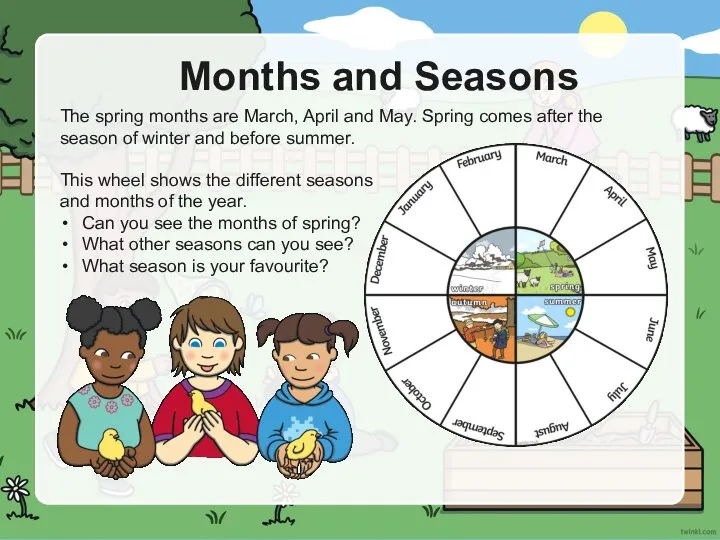 Months and Seasons The spring months are March, April and May.