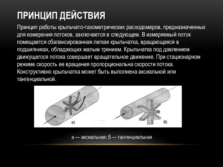 ПРИНЦИП ДЕЙСТВИЯ Принцип работы крыльчато-тахометрических расходомеров, предназначенных для измерения потоков, заключается