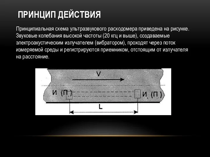 ПРИНЦИП ДЕЙСТВИЯ Принципиальная схема ультразвукового расходомера приведена на рисунке. Звуковые колебания