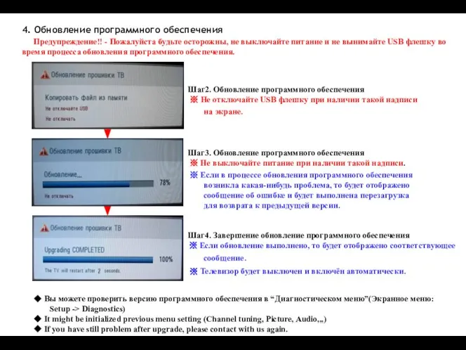 4. Обновление программного обеспечения Предупреждение!! - Пожалуйста будьте осторожны, не выключайте