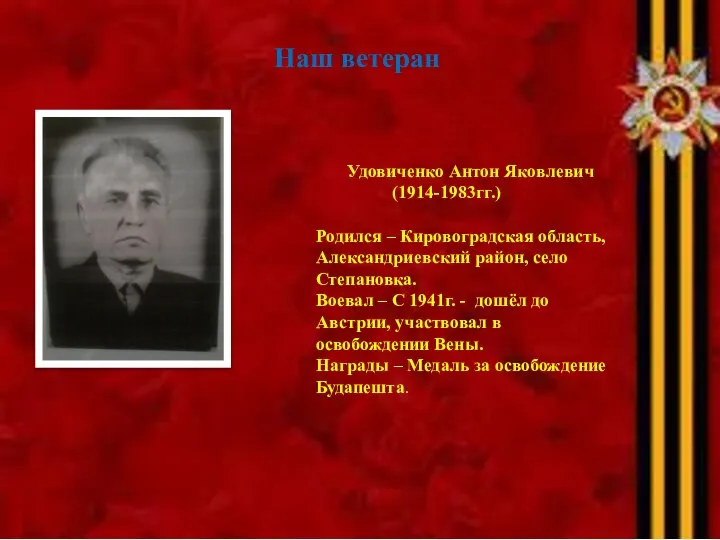 Наш ветеран Удовиченко Антон Яковлевич (1914-1983гг.) Родился – Кировоградская область, Александриевский