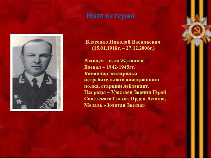 Наш ветеран Власенко Николой Васильевич (15.01.1918г. – 27.12.2006г.) Родился – село